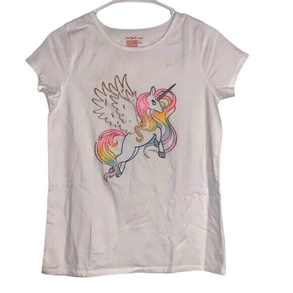 Girls Cat & Jack Unicorn Graphic T-Shirt White Short Sleeve XL 14/16 80% Cotton - Picture 1 of 4
